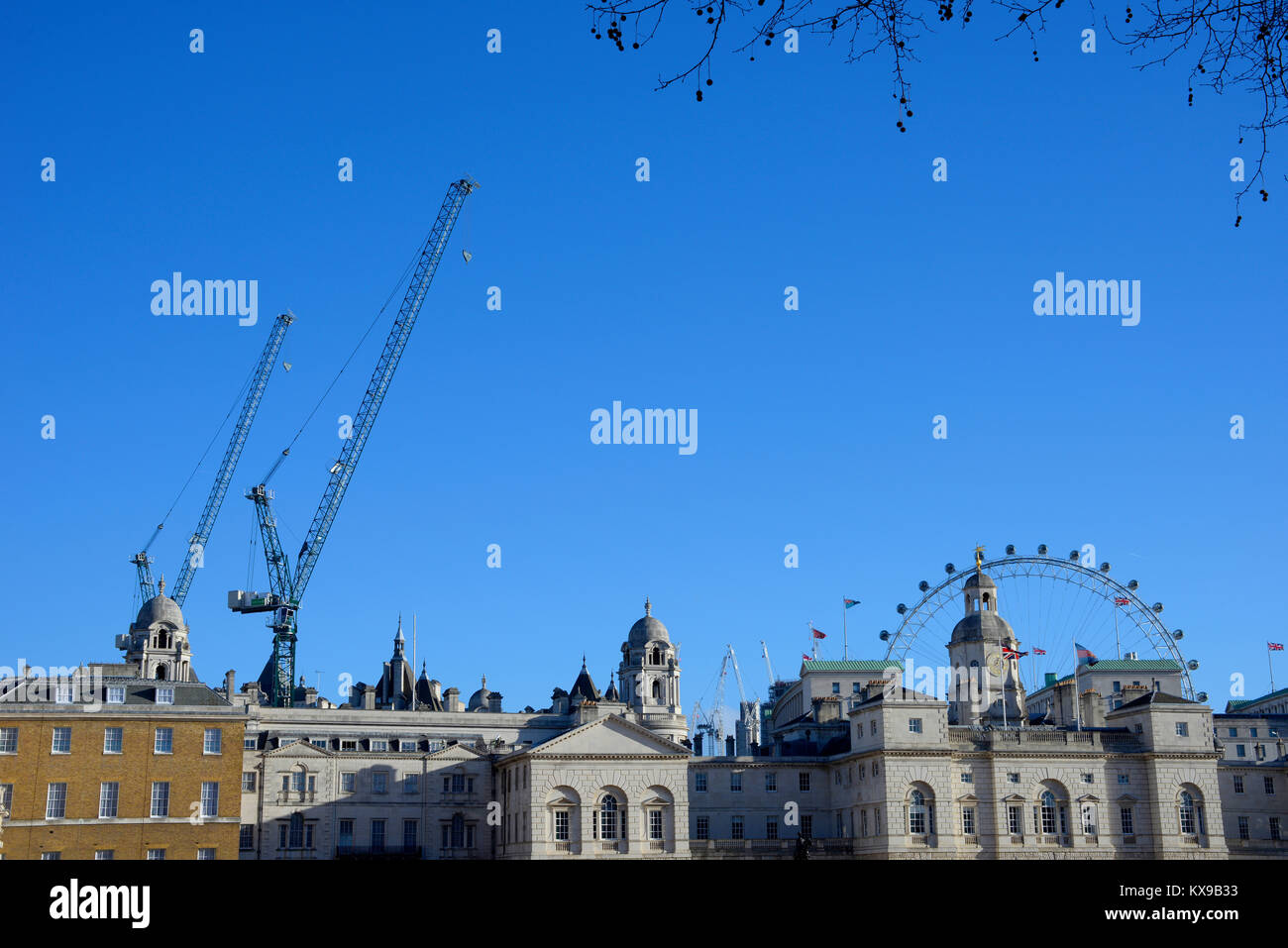 Old War Office Building London redevelopment to luxury hotel & residence operated by Raffles the group’s first property in the UK. Construction cranes Stock Photo