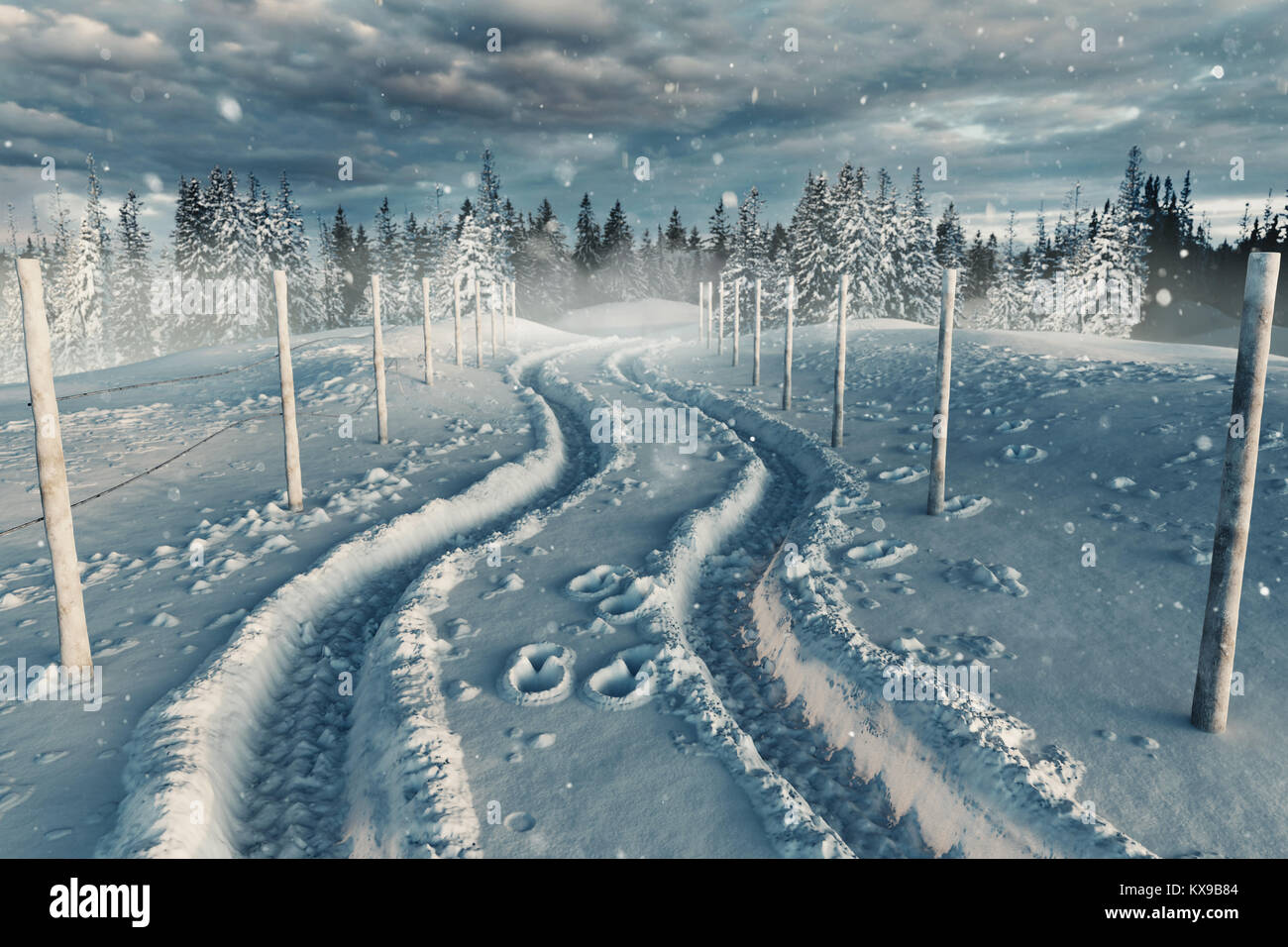3d rendering of snowy landscape with road and lane Stock Photo