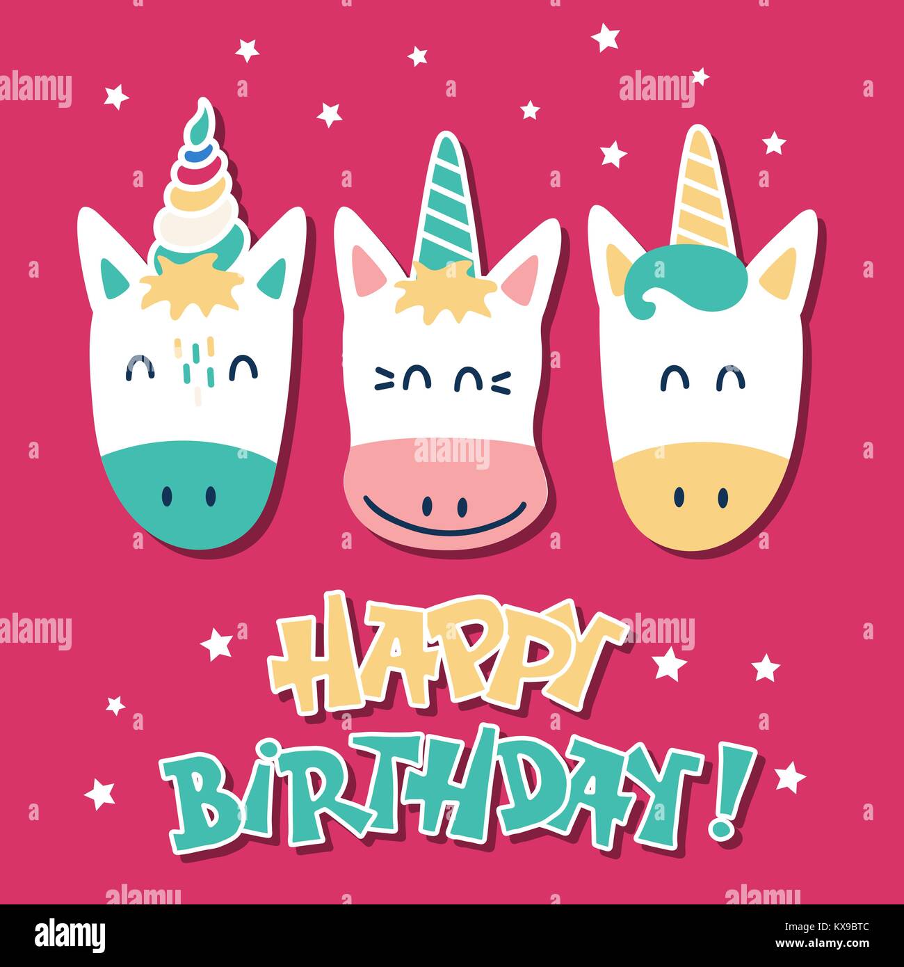 Cute unicorns. Greeting card with a happy birthday Stock Vector Image ...