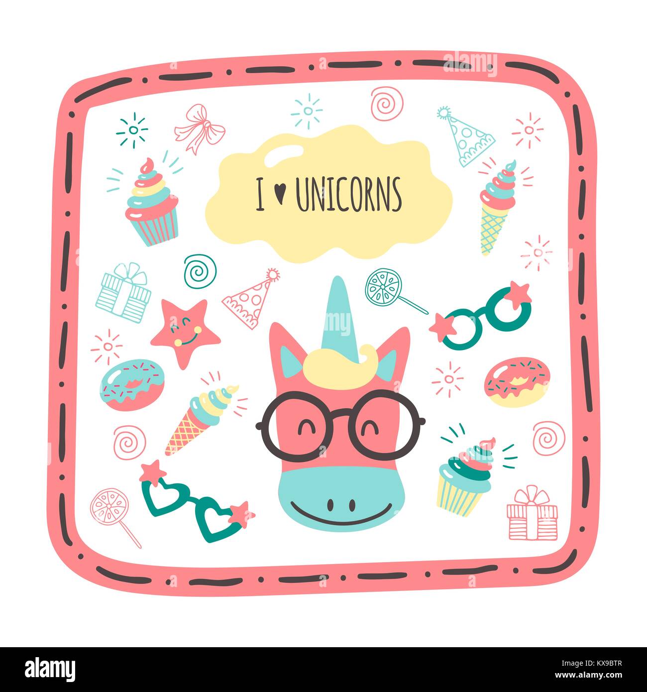 Cute hand drawn cards with a unicorn Stock Vector