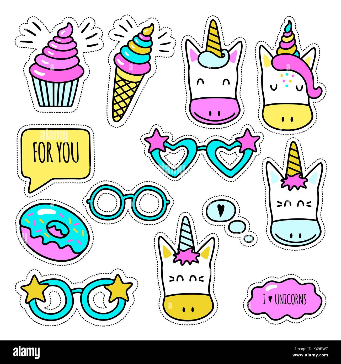Set of colored unicorn stickers isolated on white background Stock Vector
