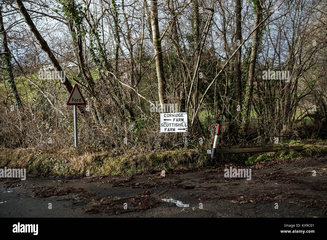 Muddy lane with signs,copse, coppice, dense growth, grove, brake, covert, tangle, clump,mire, sludge, slush, ooze, silt, clay, gumbo, dirt, soil Stock Photo