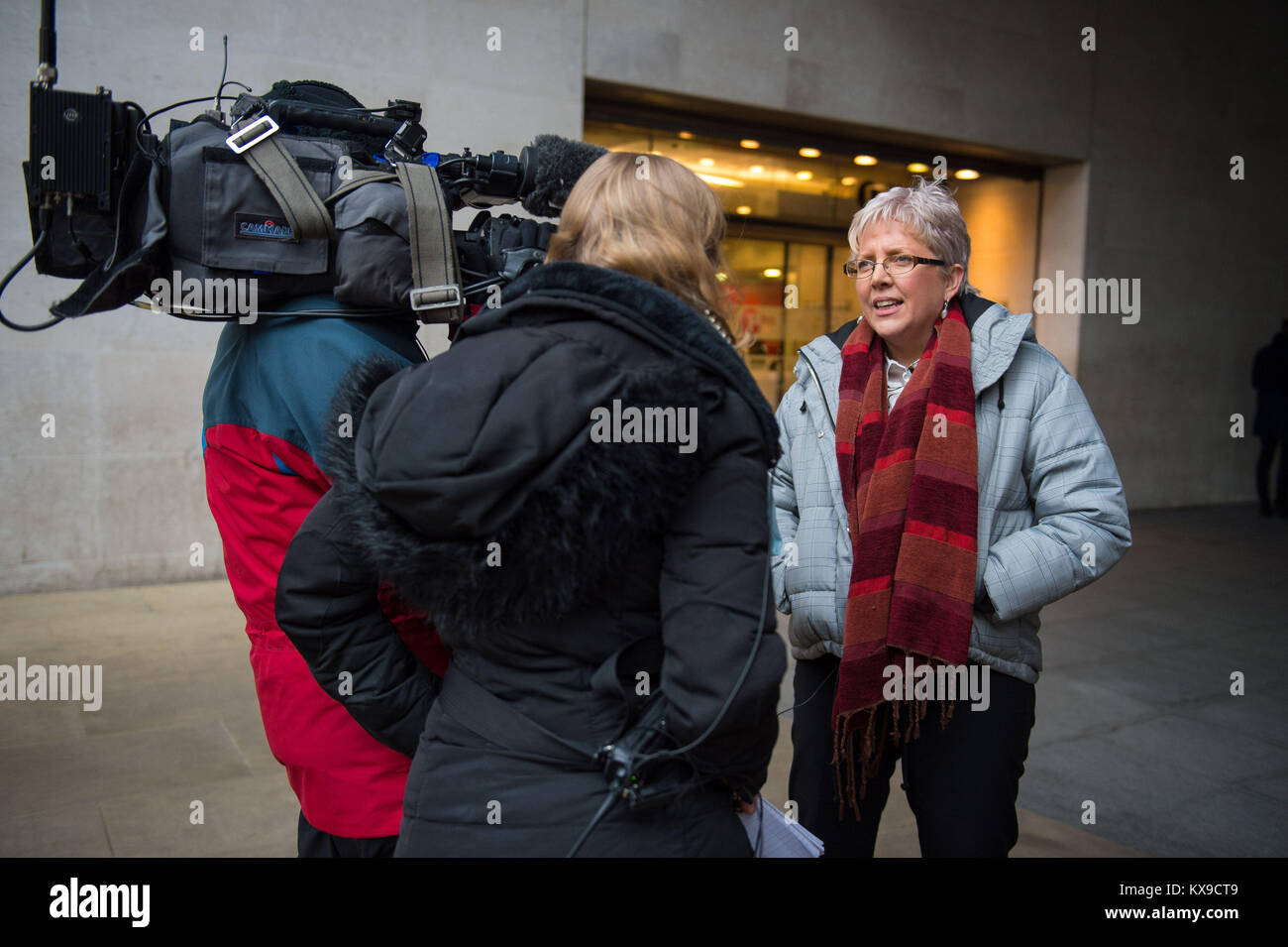 Journalist Carrie Gracie speaks to the media outside BBC Broadcasting House in London after she turned down a £45,000 rise, describing the offer as a 'botched solution' to the problem of unequal pay at the BBC. Stock Photo