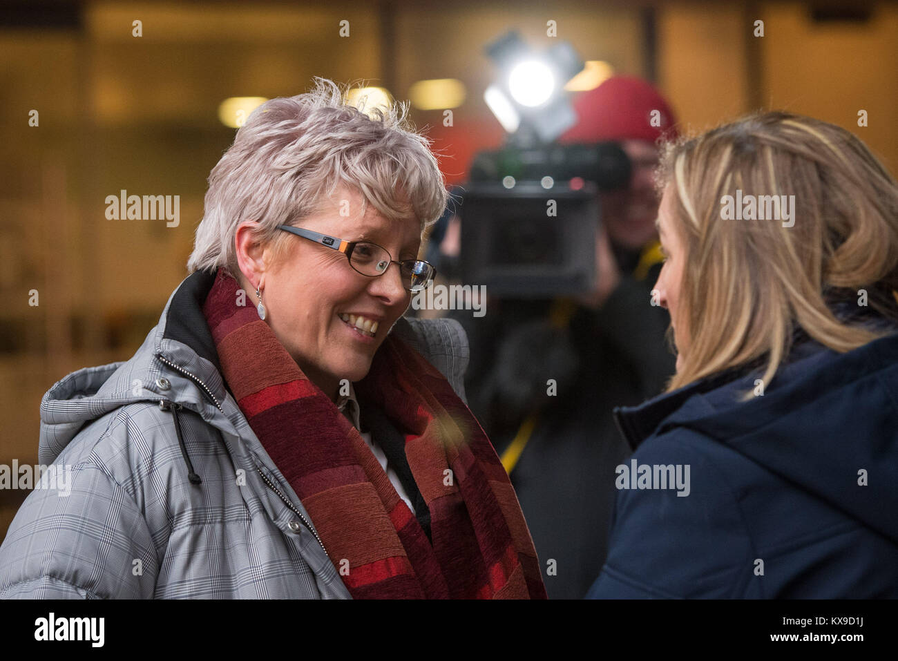 Journalist Carrie Gracie speaks to the media outside BBC Broadcasting House in London after she turned down a £45,000 rise, describing the offer as a 'botched solution' to the problem of unequal pay at the BBC. Stock Photo