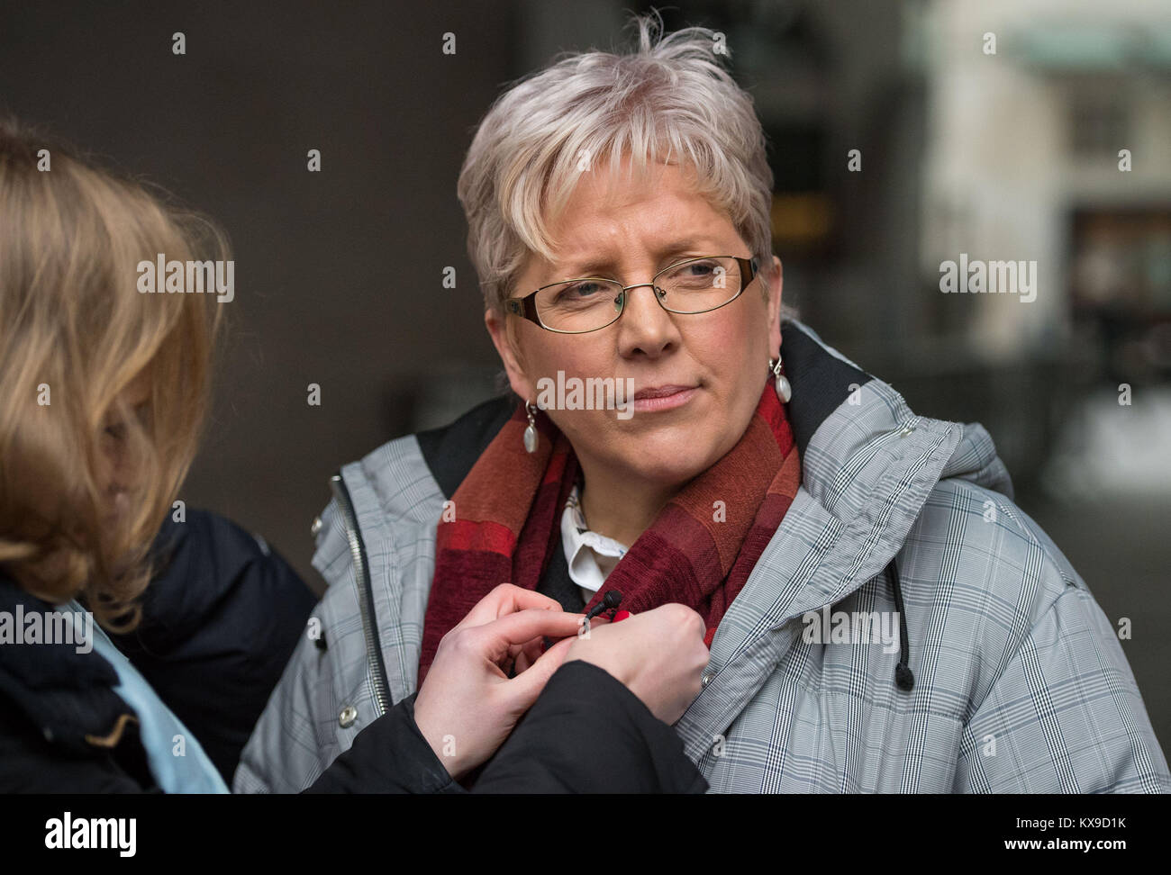 Journalist Carrie Gracie speaks to the media outside BBC Broadcasting House in London after she turned down a &pound;45,000 rise, describing the offer as a 'botched solution' to the problem of unequal pay at the BBC. Stock Photo