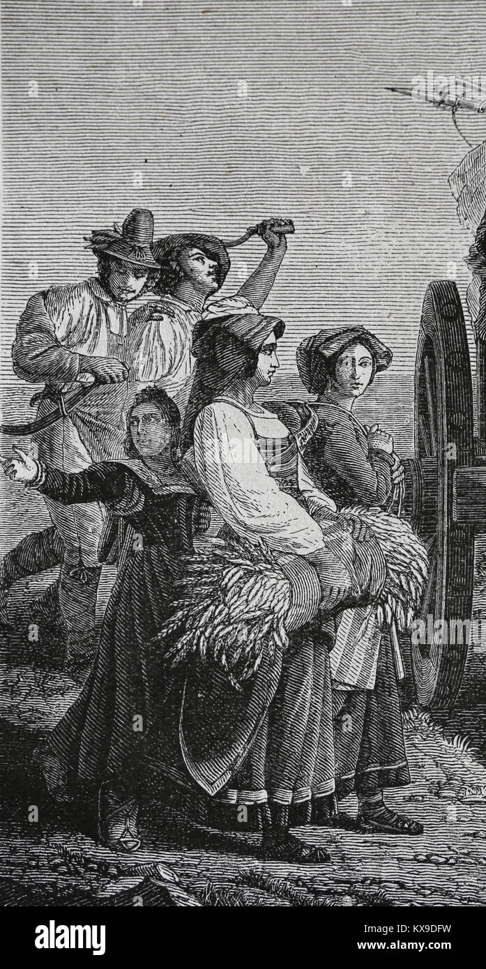 Engraving by harvest. Detail. Original painting by Louis Leopold Robert (1794-1825). Stock Photo
