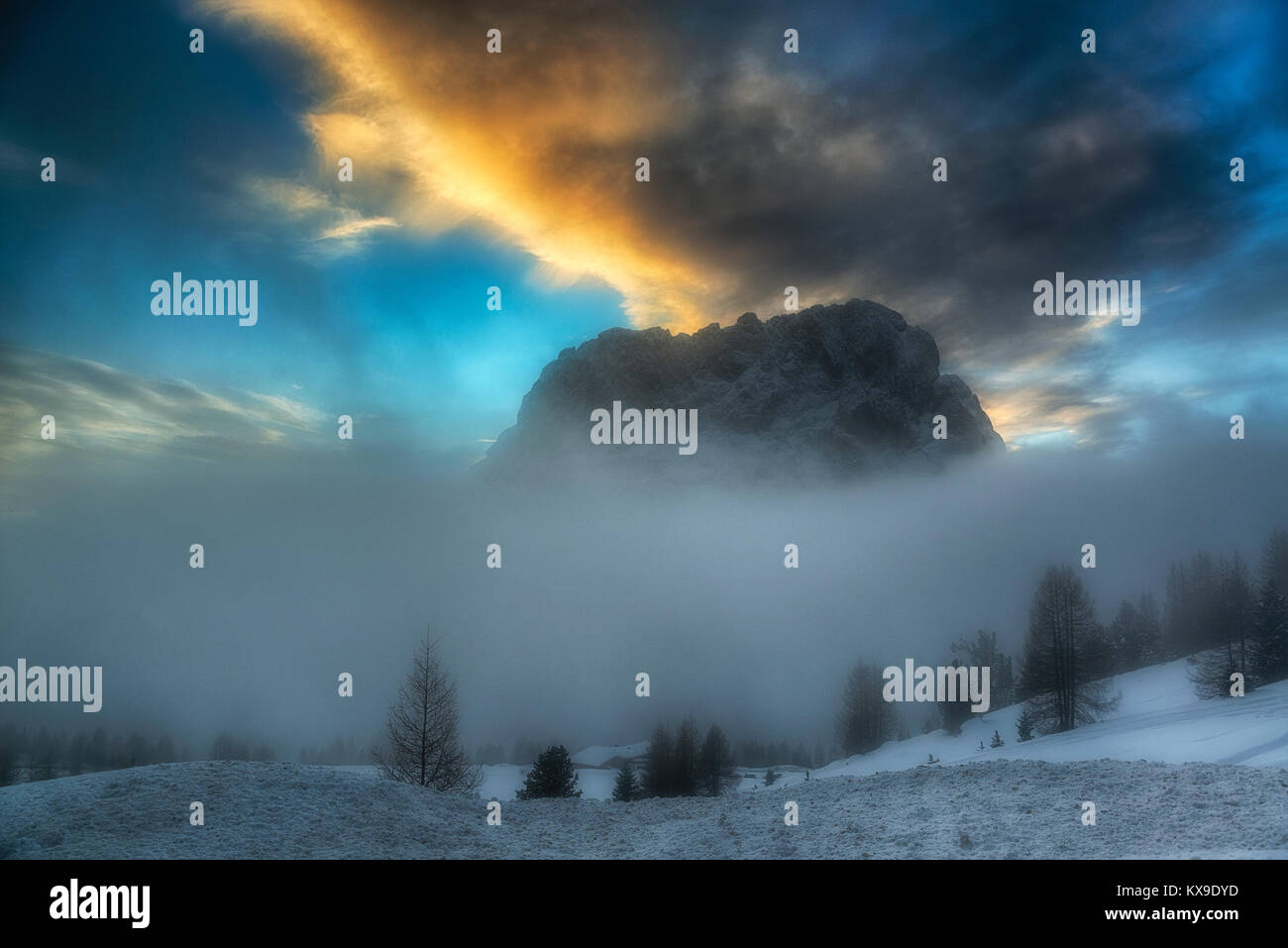 Sunset on the mountains in winter season, Val Gardena - Dolomiti Stock Photo