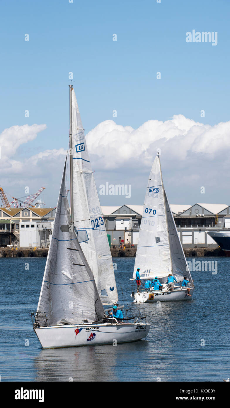 Cape Town harbour South Africa. December 2017. Teenagers receiving some sailing experience on the harbour Stock Photo