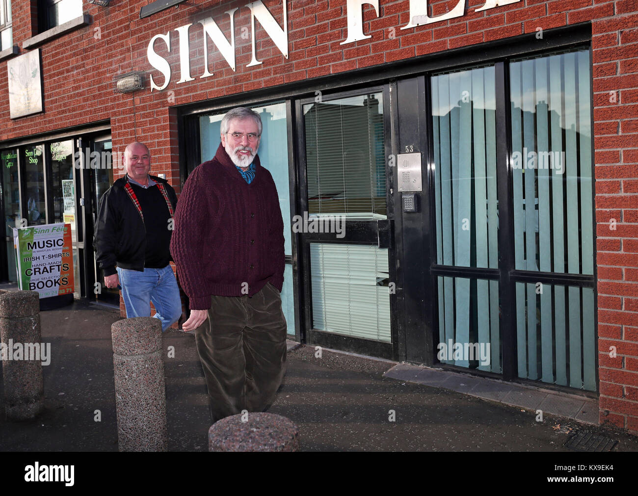Sinn Fein President Gerry Adams leaving the party's headquarters on the Falls Road in Belfast where a meeting with West Tyrone MP Barry McElduff is taking place. Stock Photo