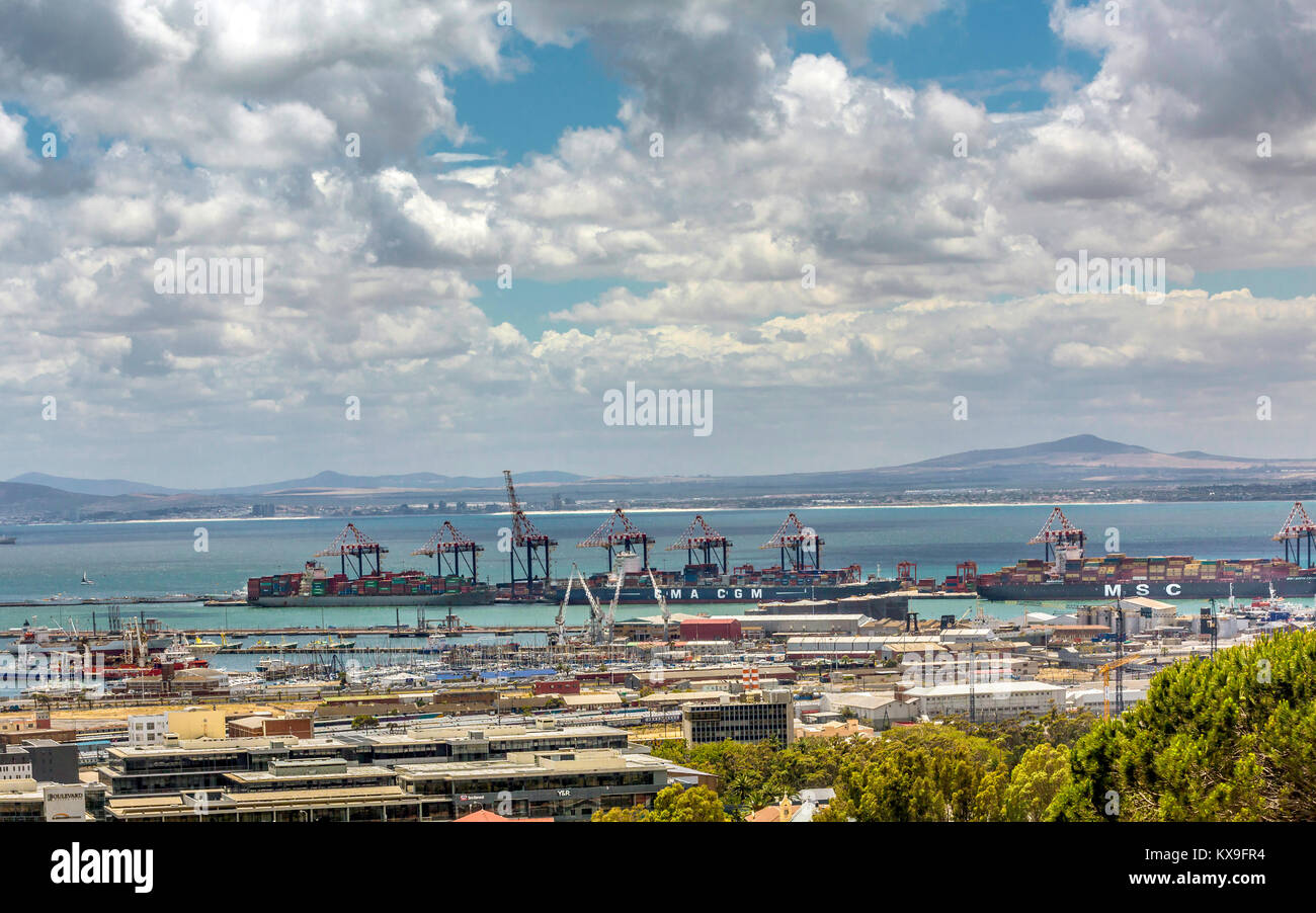 Part of the port of Cape Town, South Africa, which is one of the country's busiest, especially for the export of fruit. The two container ships in the Stock Photo