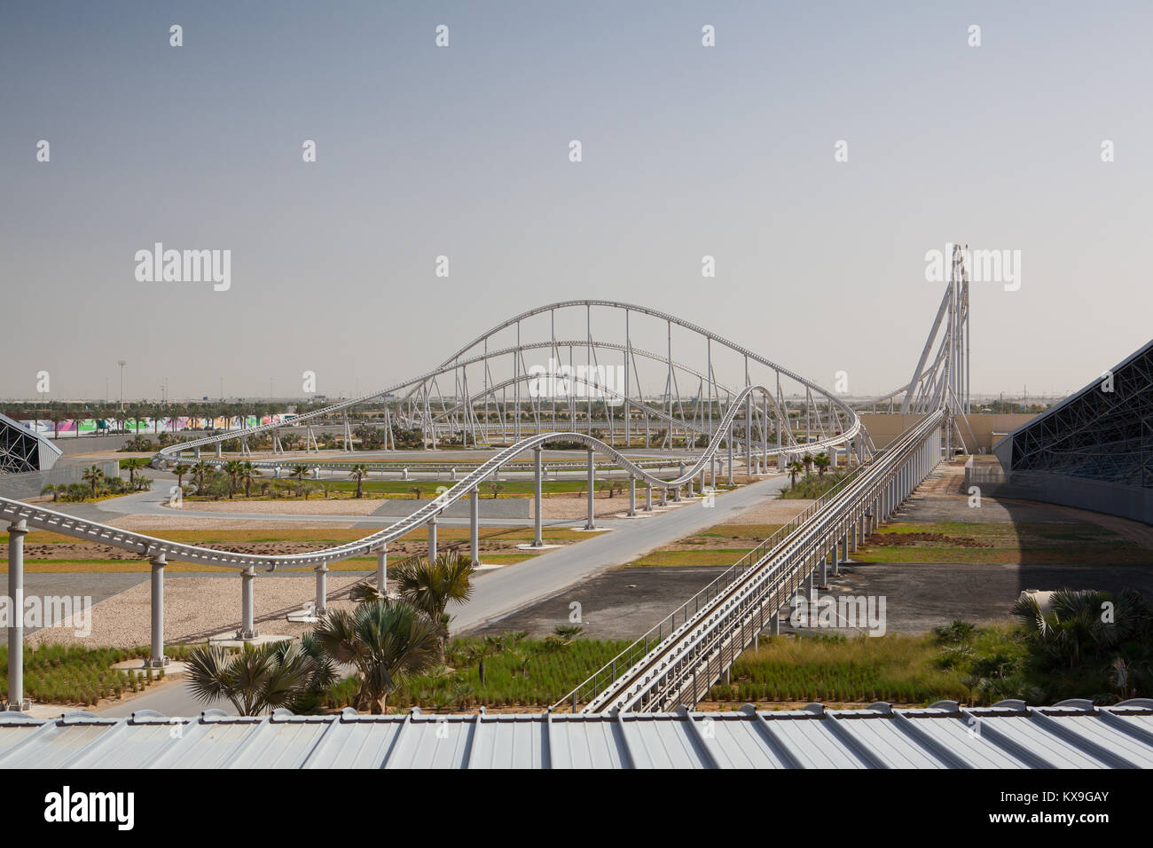 Abu Dhabi, United Arab Emirates - February 5,2012: Formula Rossa, the fastest roller coaster in the world in Ferrari World amusement park at Yas Islan Stock Photo