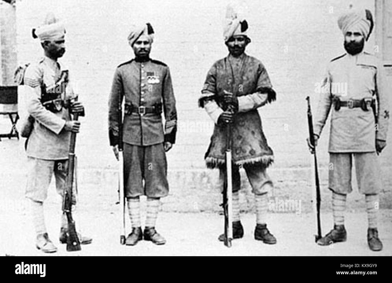 A photograph capturing soldiers of the 51st Sikhs during 1905, showcasing a regiment of the British Indian Army. Stock Photo