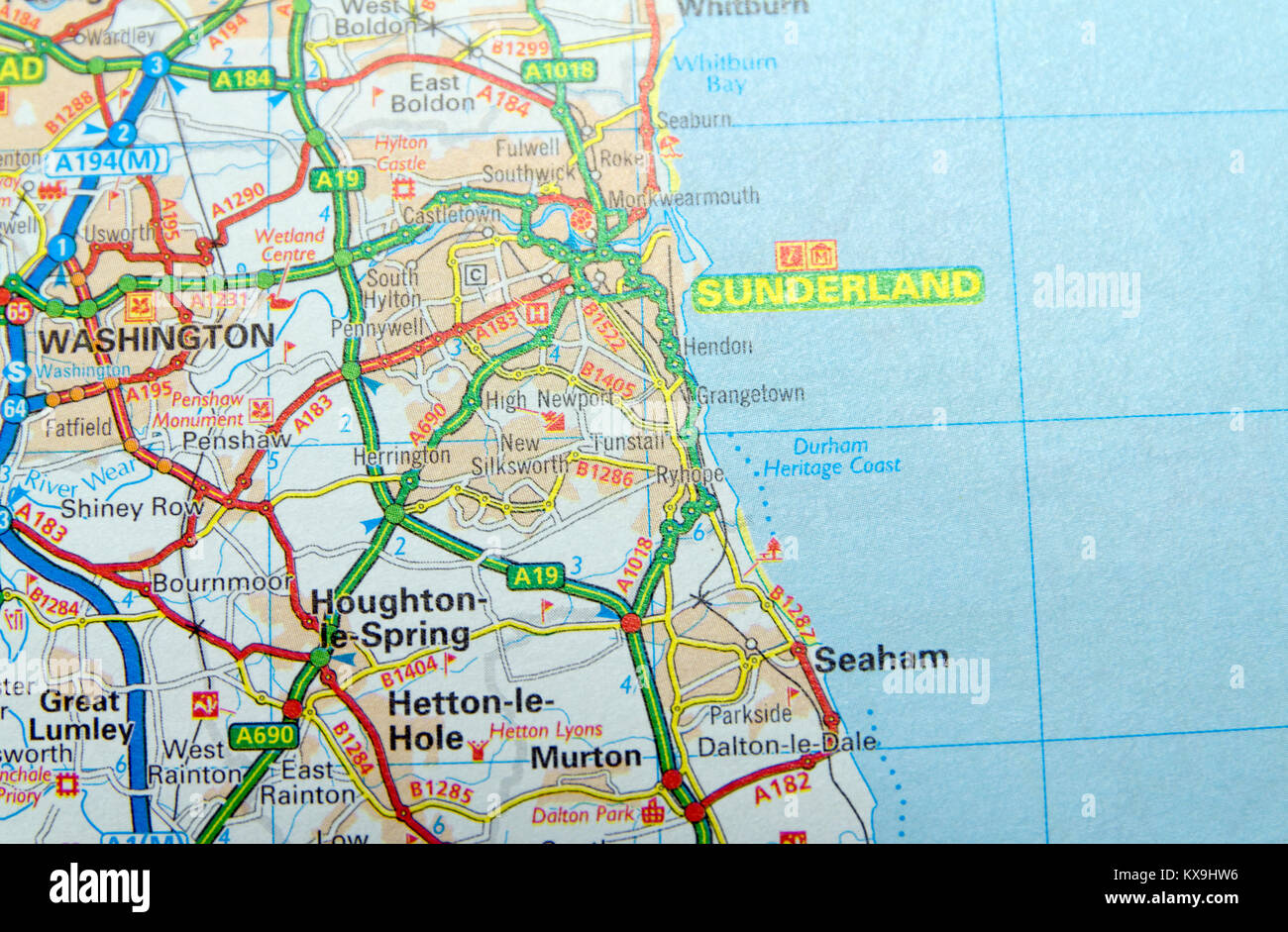 Road Map of Sunderland, England. Stock Photo