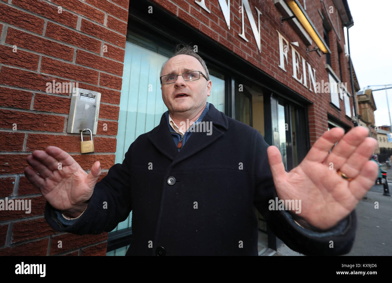 West Tyrone MP Barry McElduff leaving Sinn Fein's headquarters on the Falls Road in Belfast following his suspension from all party activity for three months after he posted a social media video of him with a loaf of Kingsmill bread on his head on the anniversary of the Kingsmill massacre. Stock Photo