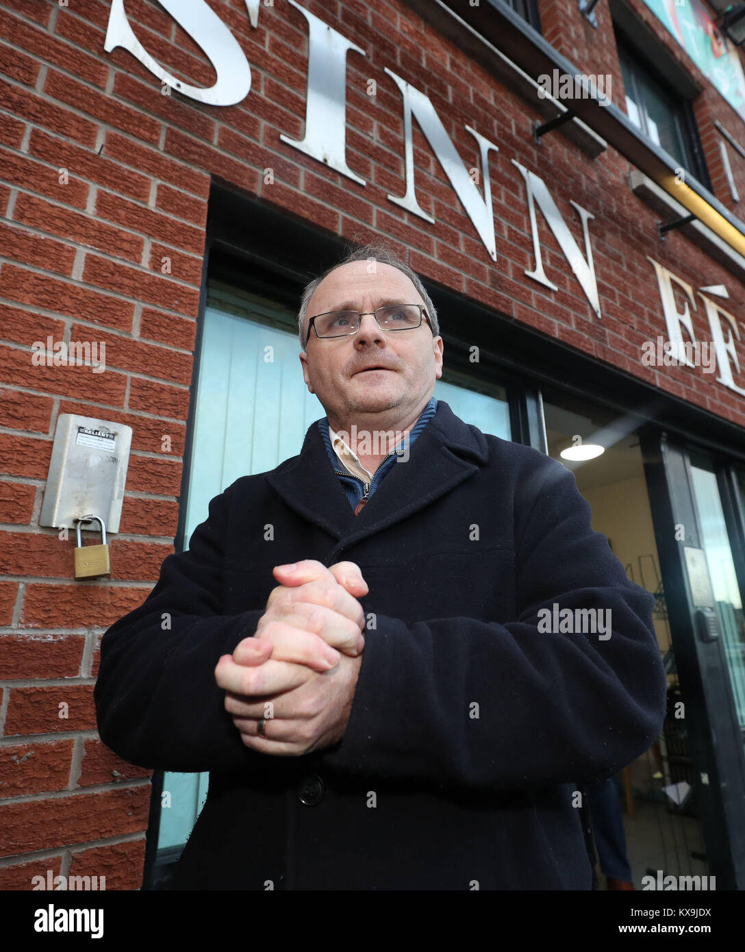 West Tyrone MP Barry McElduff leaving Sinn Fein's headquarters on the Falls Road in Belfast following his suspension from all party activity for three months after he posted a social media video of him with a loaf of Kingsmill bread on his head on the anniversary of the Kingsmill massacre. Stock Photo