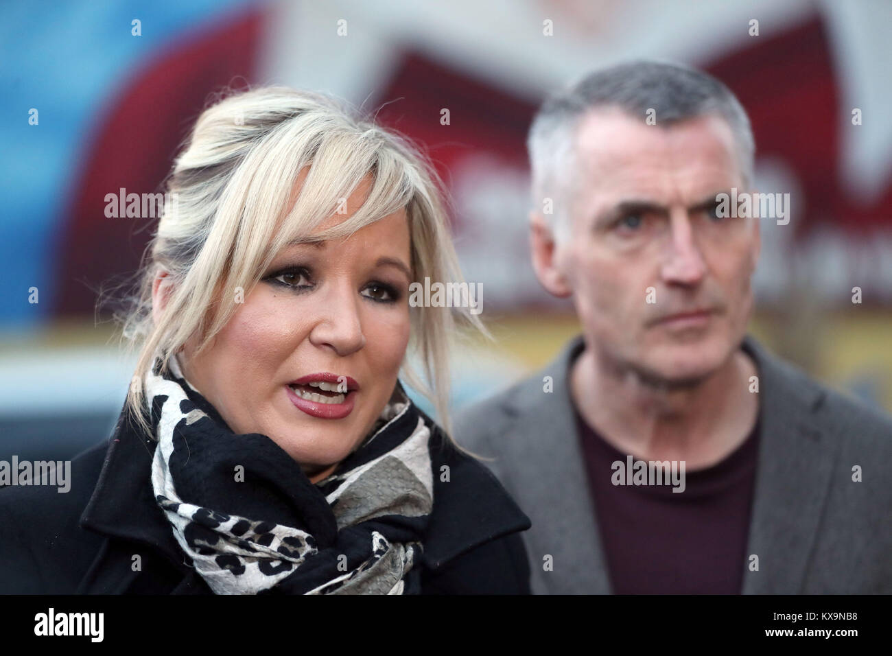 Sinn Fein's Northern Ireland Leader Michelle O'Neill and party chairman Declan Kearney speaking to the media outside Sinn Fein's headquarters on the Falls Road in Belfast after West Tyrone MP Barry McElduff was suspended from all party activity for three months when he posted a social media video of him with a loaf of Kingsmill bread on his head on the anniversary of the Kingsmill massacre. Stock Photo