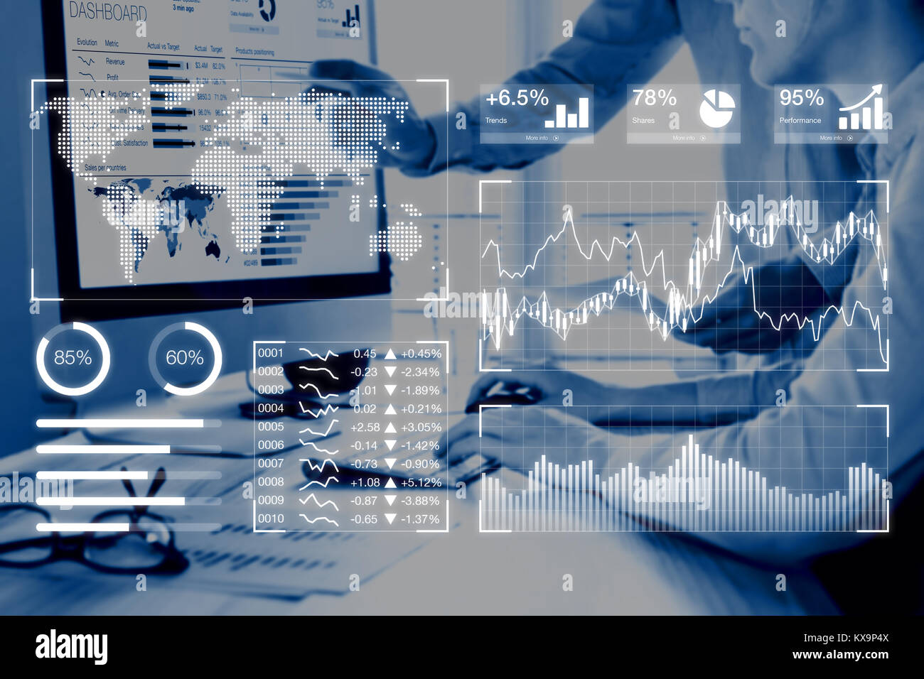 Business analytics dashboard reporting concept with key performance indicators (KPI) and two people analyzing sales or digital marketing data on compu Stock Photo