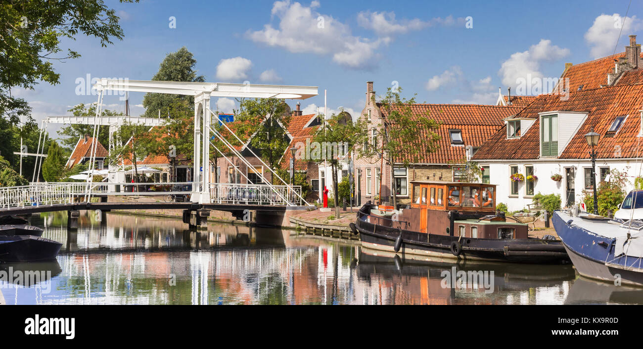 Panorama of bridges over a canal in hisotirc city Edam, Netherlands Stock Photo