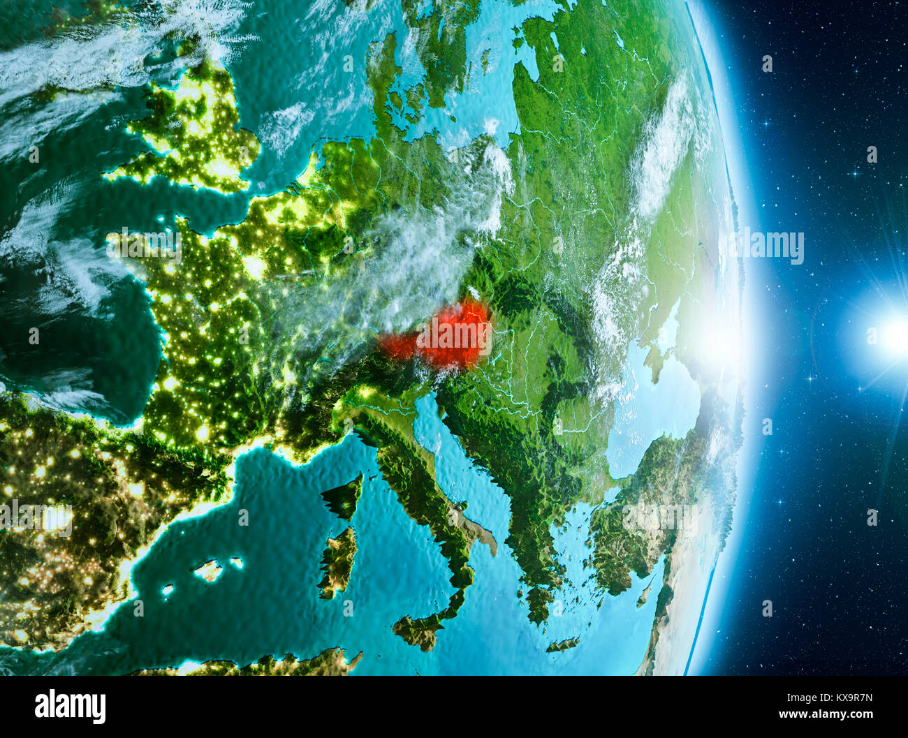 Austria from orbit of planet Earth with clouds during sunrise with ...