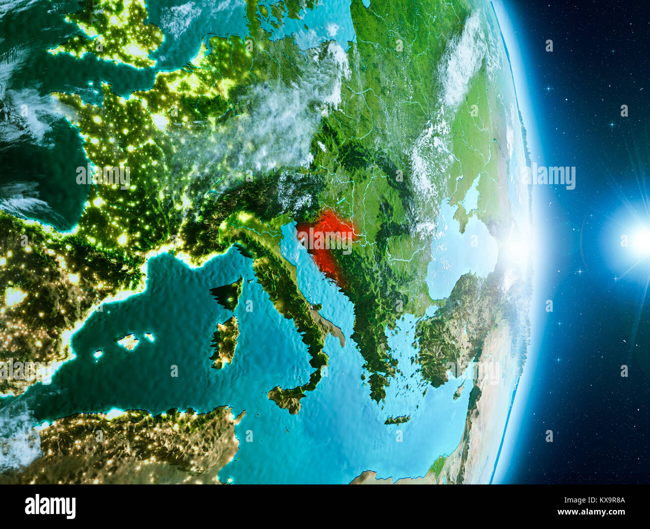 Croatia from orbit of planet Earth with clouds during sunrise with ...