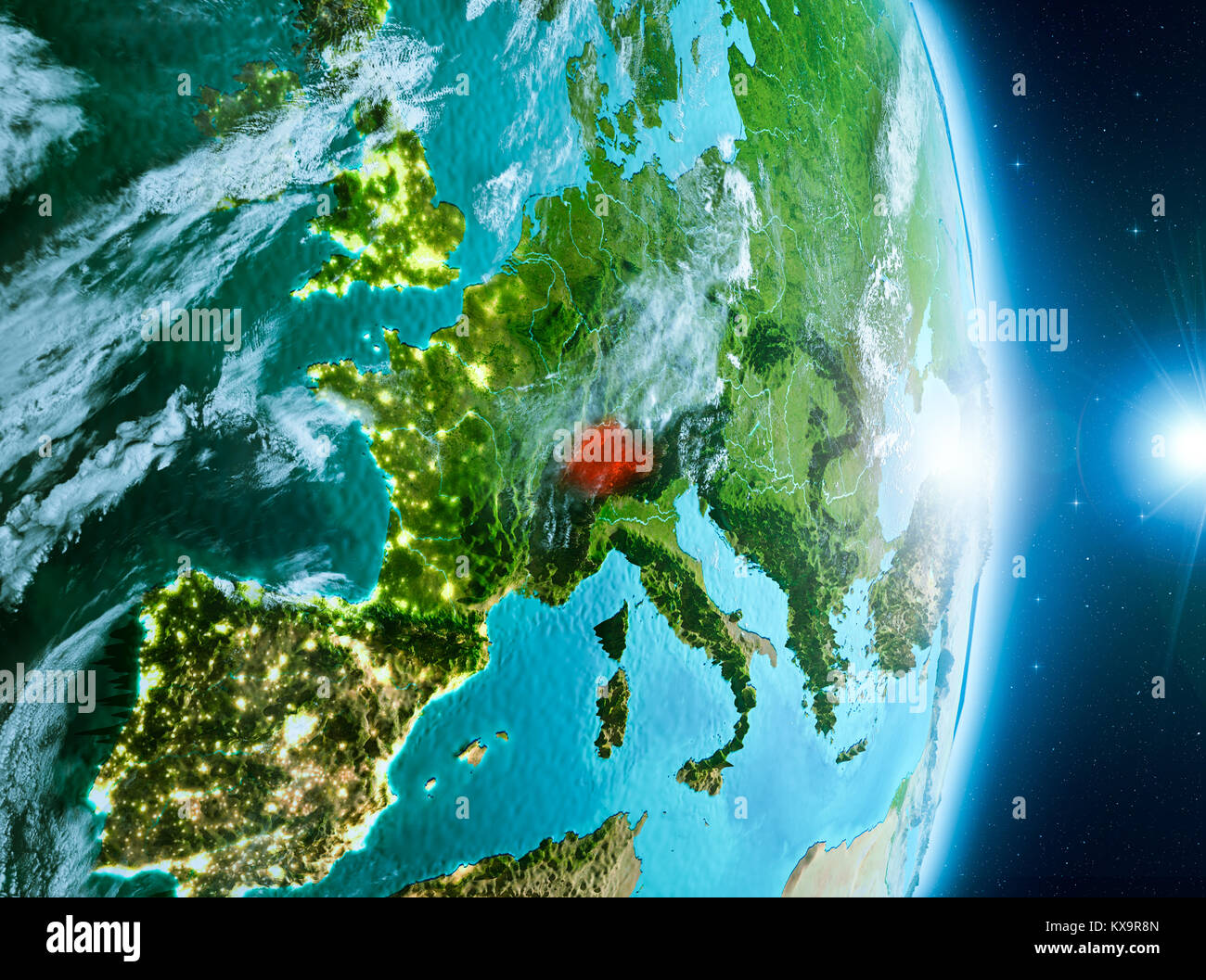 Switzerland from orbit of planet Earth with clouds during sunrise with ...