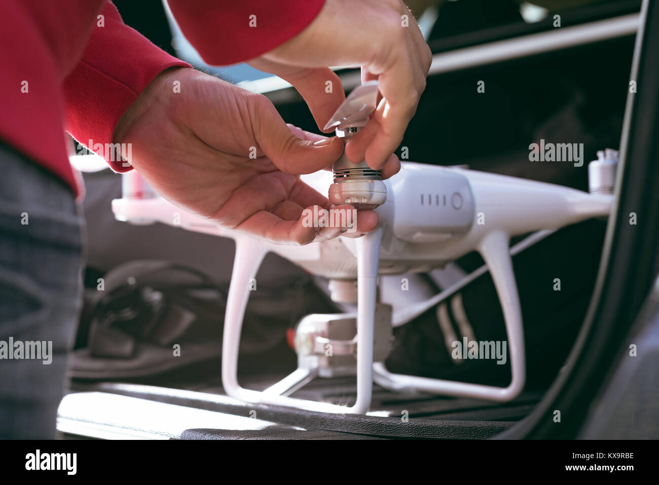 Man installing propeller of drone before take off Stock Photo Alamy