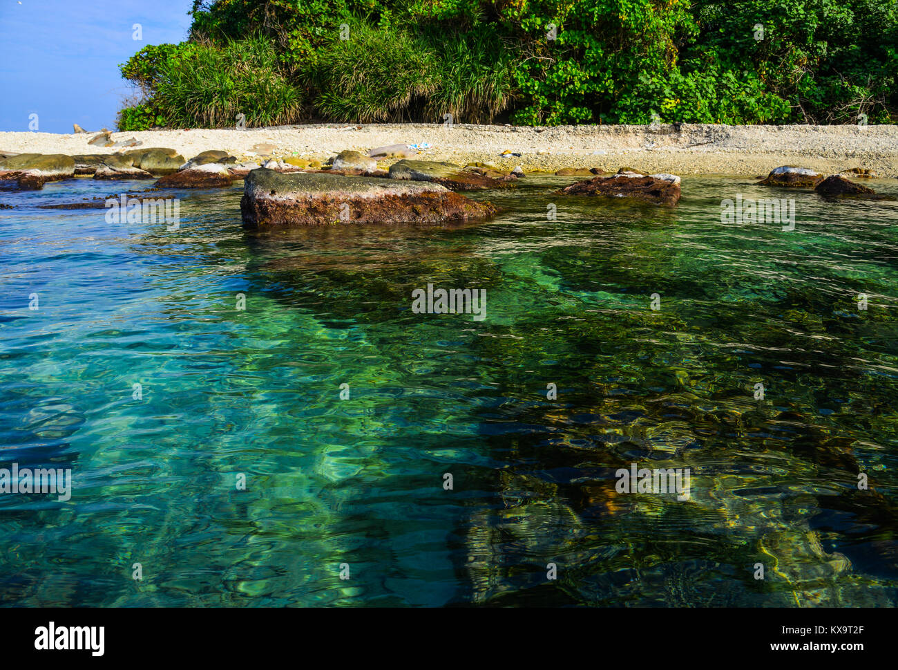 Turquoise water with green island at sunny day Stock Photo - Alamy