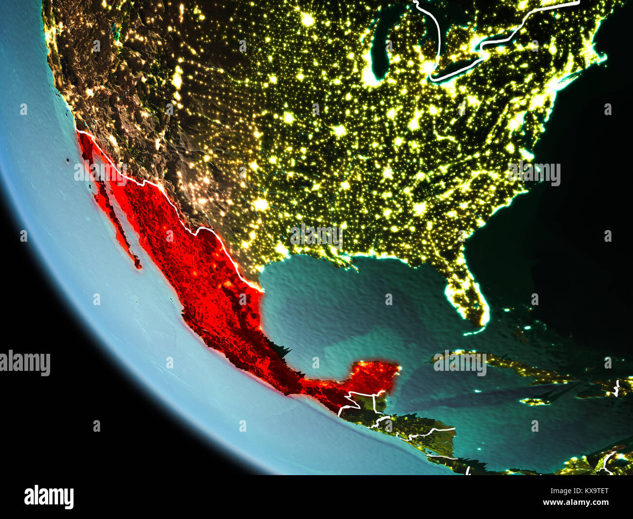 Mexico from orbit of planet Earth at night with highly detailed surface ...