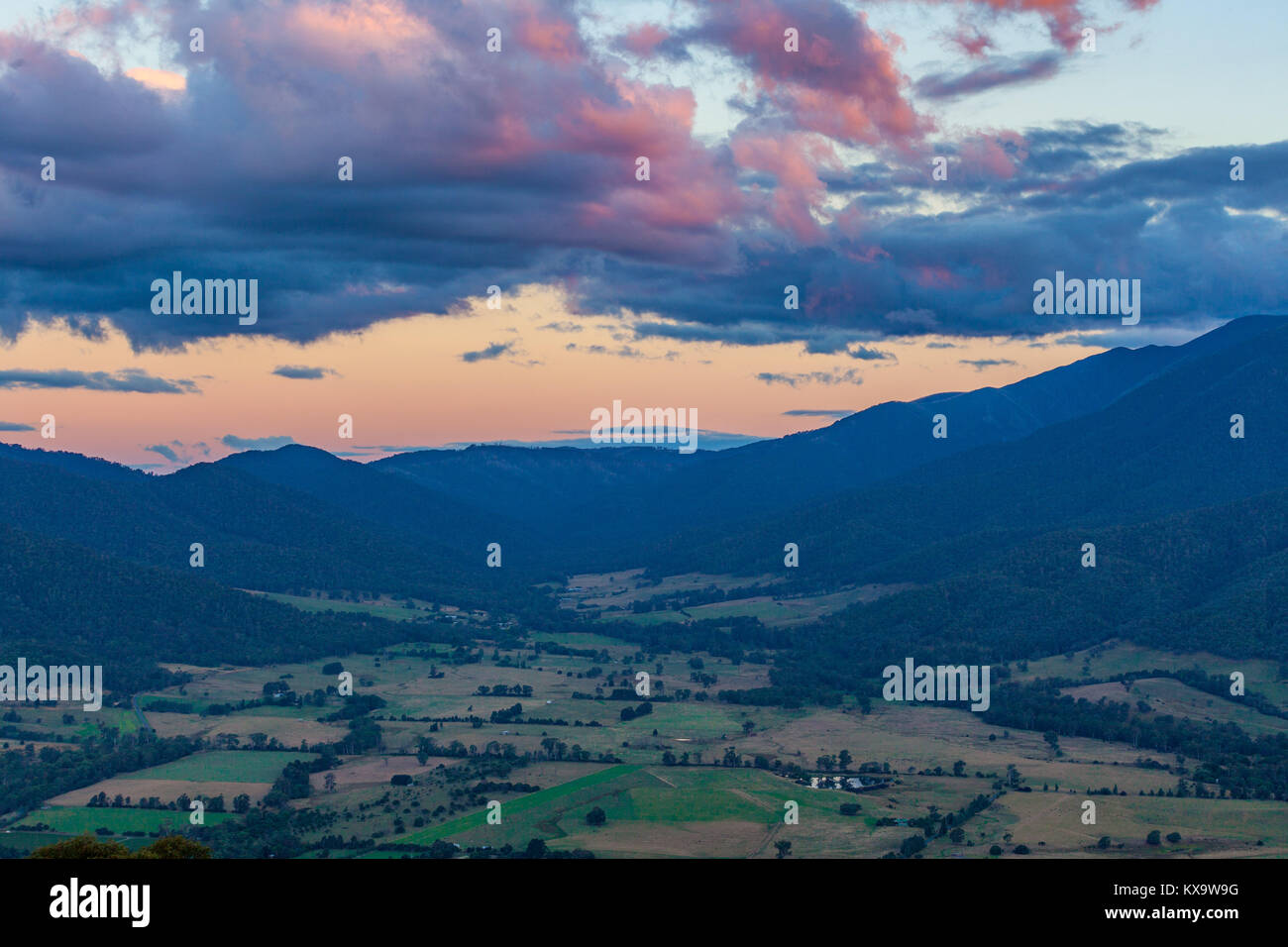 Dusk in Australian Alps - Kiewa Valley, Victoria, Australia Stock Photo