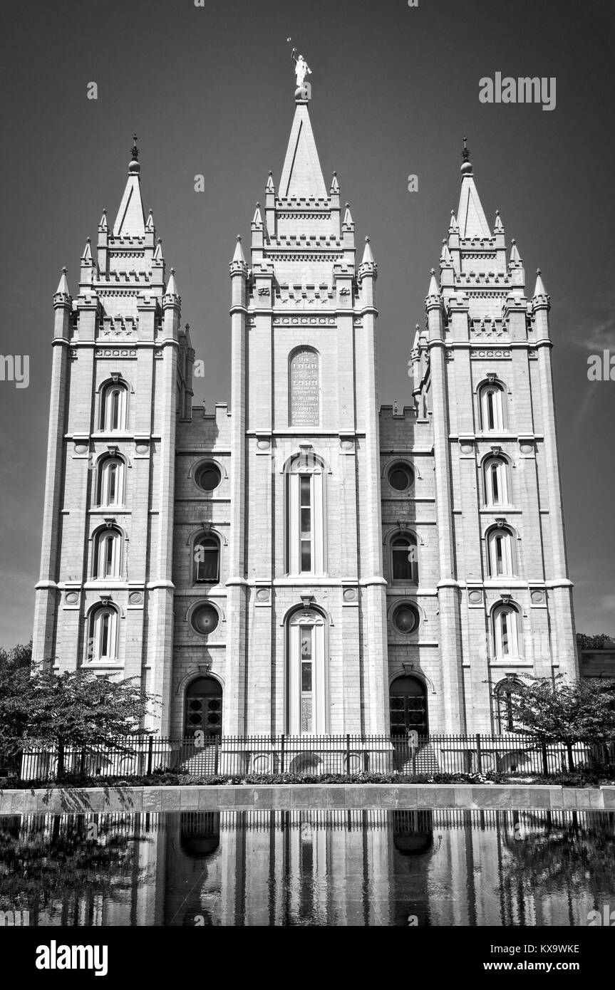 Salt Lake City Temple on Temple square, USA, black and white Stock Photo