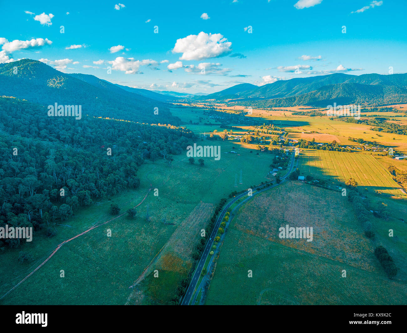 Aerial view of beautiful rural area in Kiewa Valley surrounded by