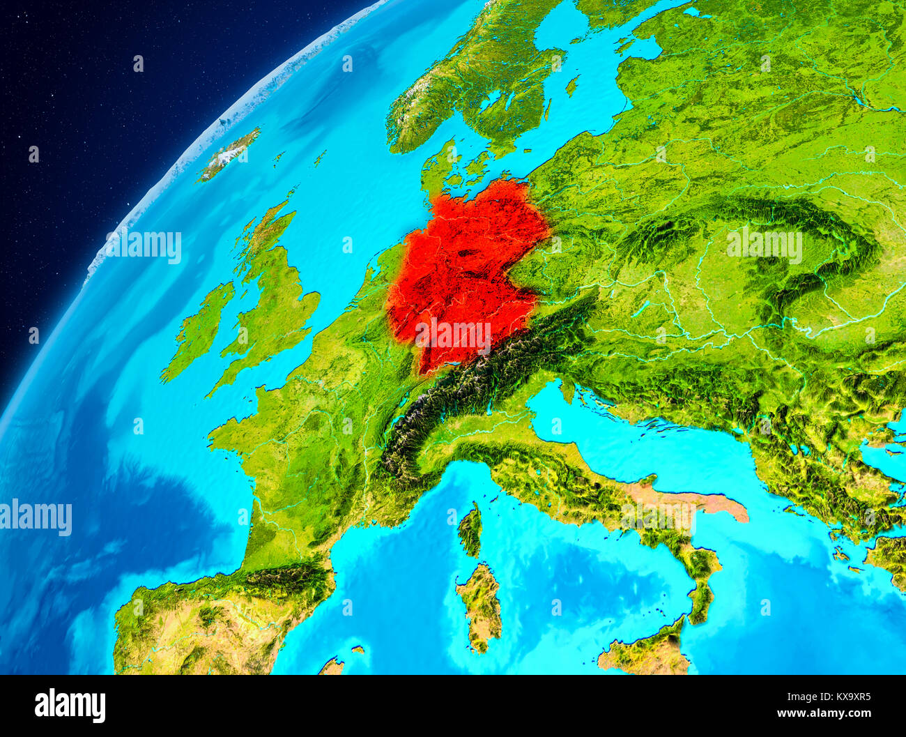 Orbit view of Germany highlighted in red on planet Earth. 3D illustration. Elements of this image furnished by NASA. Stock Photo