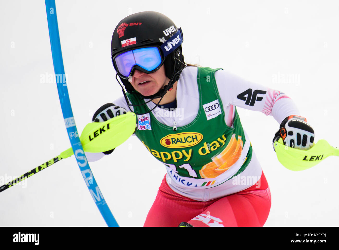 Kranjska Gora, Slovenia. 07th Jan, 2018. Maryna Gasienica-Daniel of Poland competes on course during the Slalom race at the 54th Golden Fox FIS World Cup in Kranjska Gora, Slovenia on January 7, 2018. Credit: PACIFIC PRESS/Alamy Live News Stock Photo