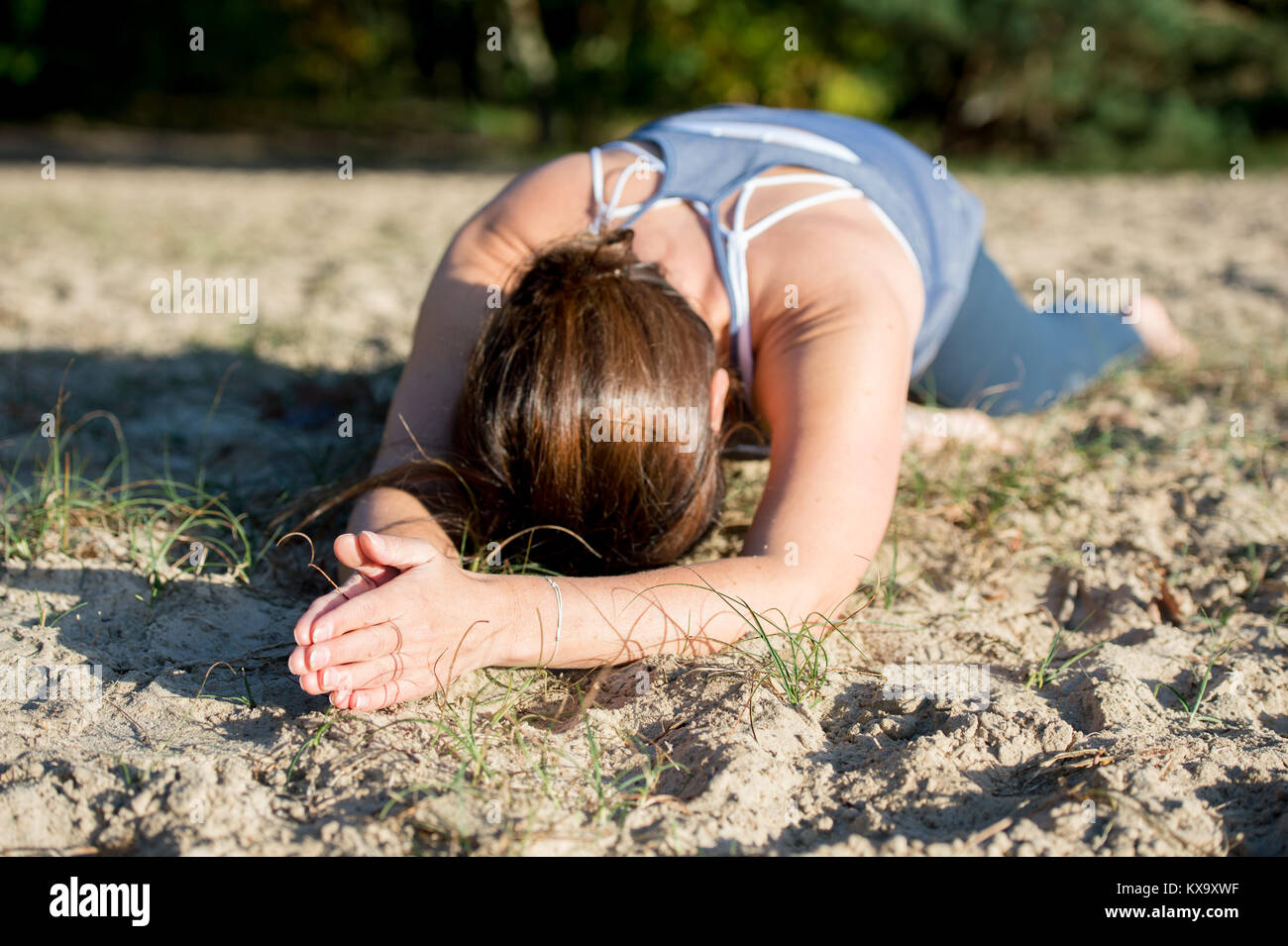yoga, dunes, sand, woman, sport, exercise, fitness, training, outdoor, lifestyle, health, healthy, nature, workout, outside, female, park, summer, aut Stock Photo