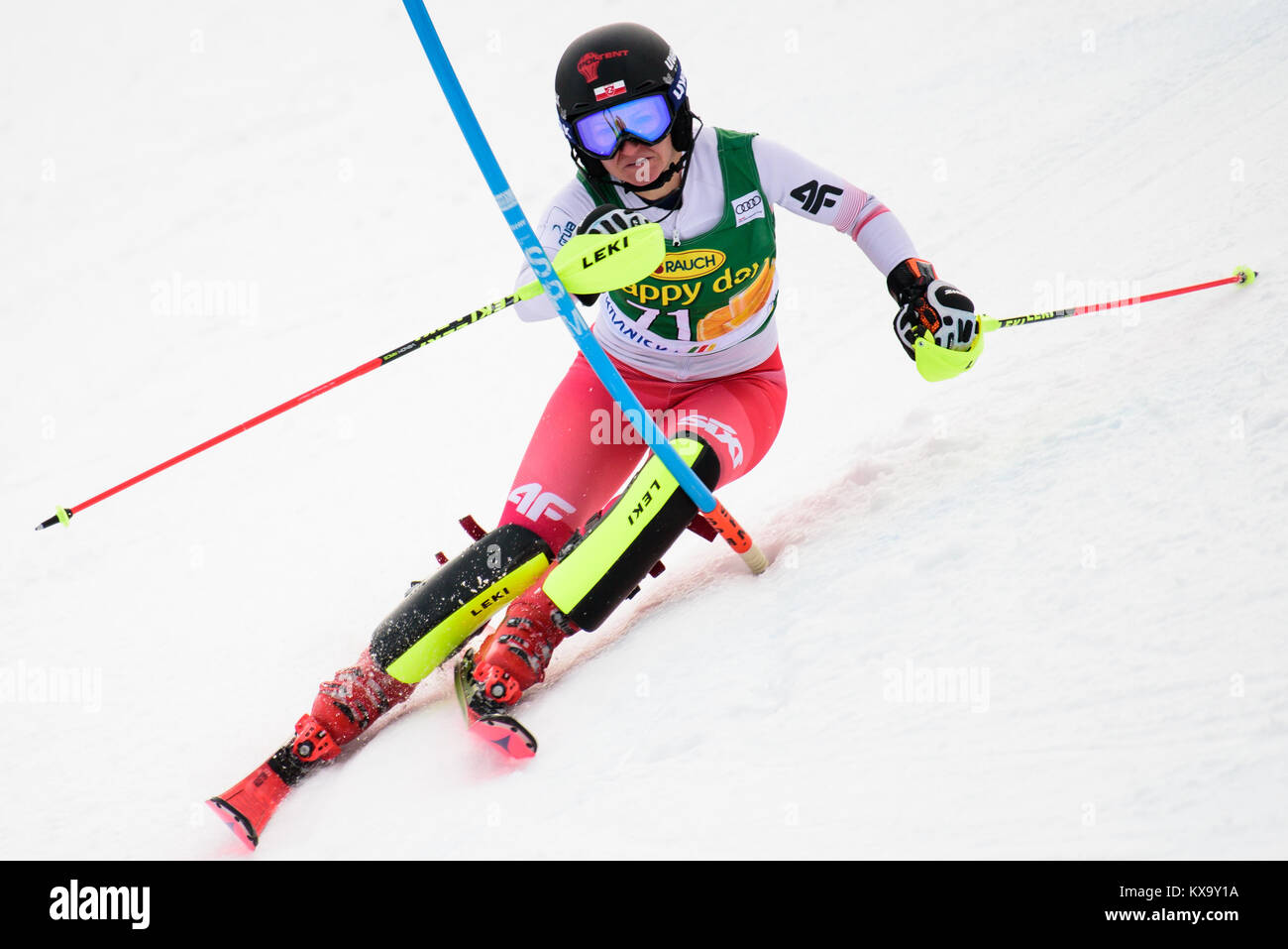 Kranjska Gora, Slovenia. 07th Jan, 2018. Maryna Gasienica-Daniel of Poland competes on course during the Slalom race at the 54th Golden Fox FIS World Cup in Kranjska Gora, Slovenia on January 7, 2018. Credit: PACIFIC PRESS/Alamy Live News Stock Photo