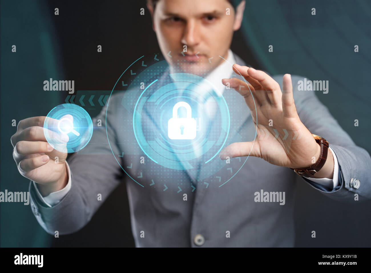 Cyber Security Data Protection Business Technology Privacy concept.Businessman pressing  button on virtual screens Stock Photo
