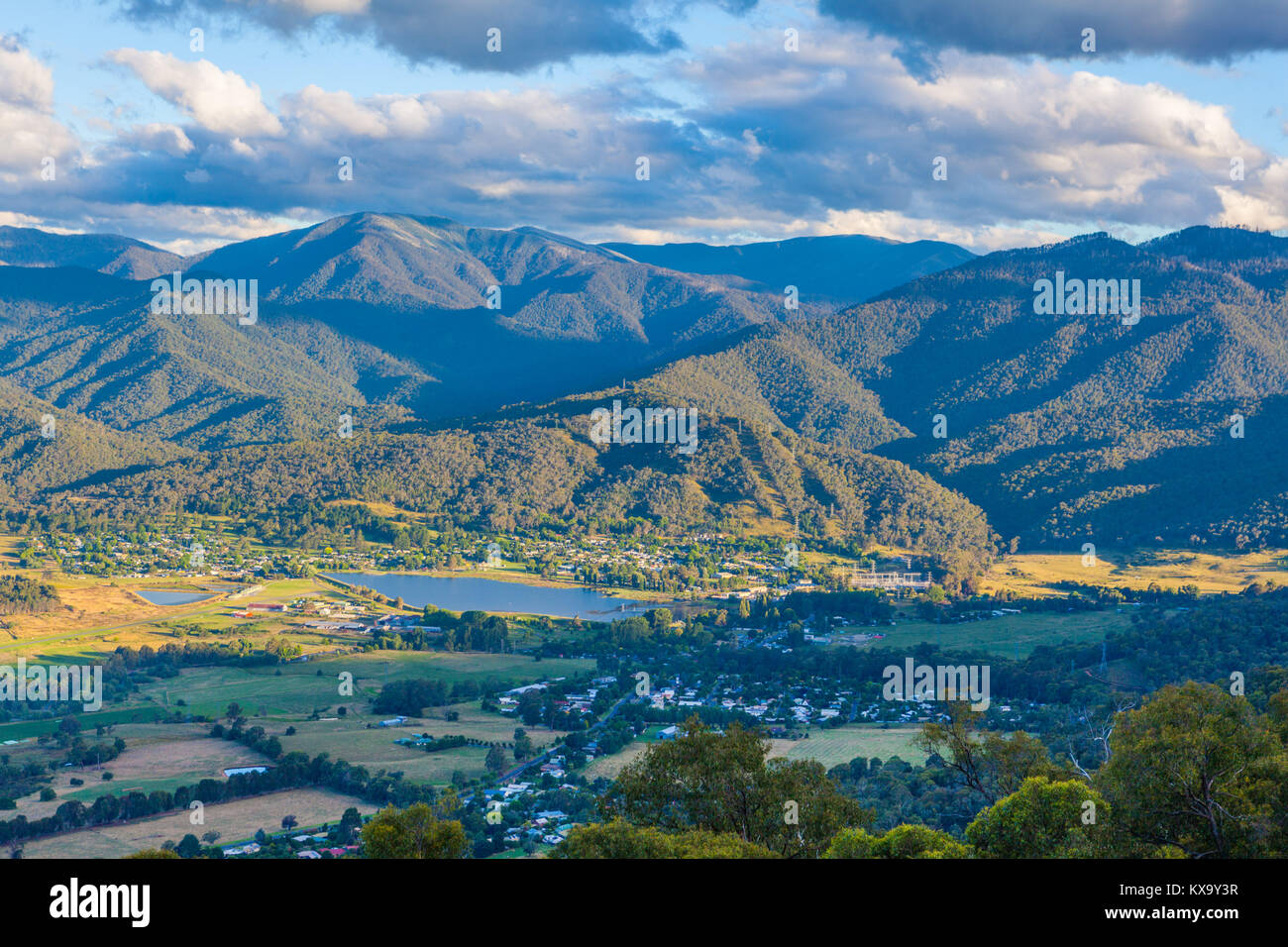 Aerial view of Mount Beauty town and pondage. Kiewa valley, Victoria, Australia Stock Photo
