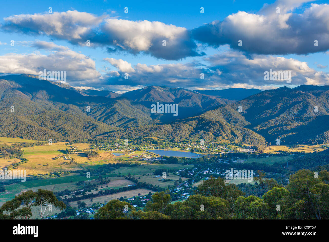 Aerial panorama of Mount Beauty town and pondage at sunset. Kiewa valley, Victoria, Australia Stock Photo