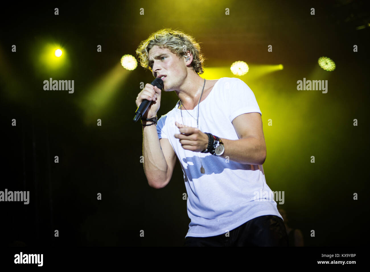 The Danish pop singer, songwriter and teenage idol Christopher Lund Nissen  is best known as just Christopher and is here pictured live on stage at the  Danish music festival Skanderborg Festival 2014 /