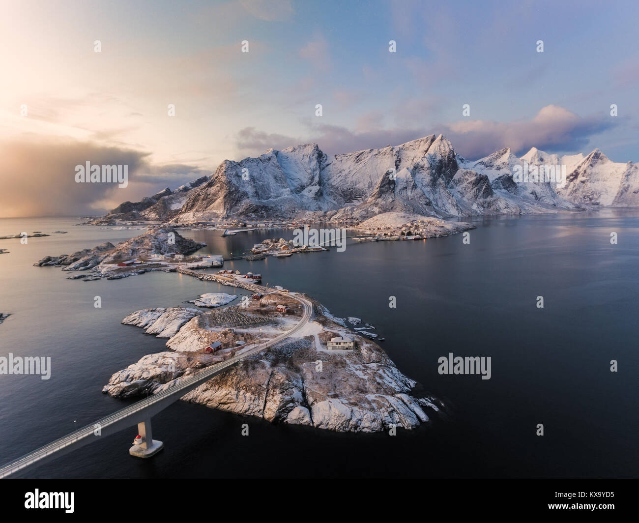 A drone shot over looking Hamnoy and reine in the Lofoten Islands. Stock Photo