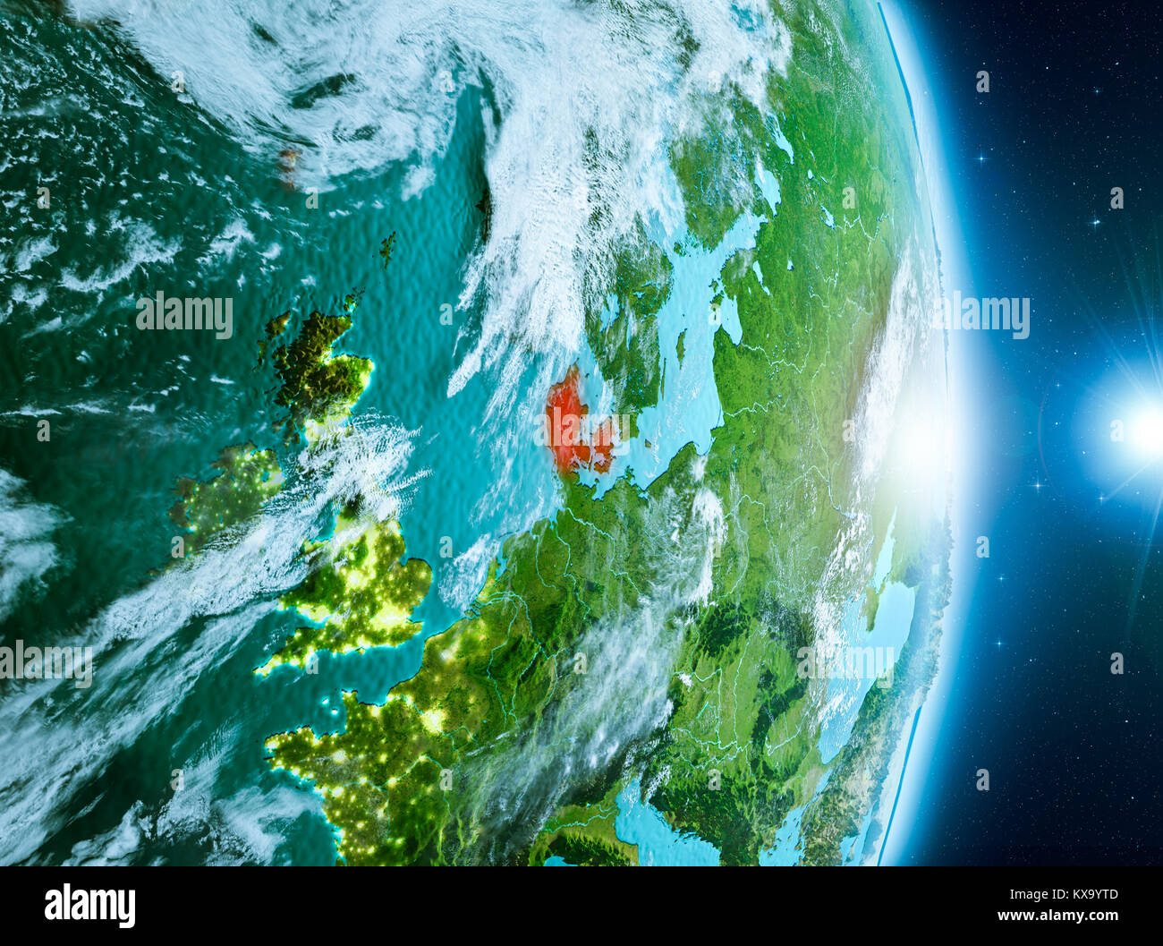 Denmark from orbit of planet Earth with clouds during sunrise with ...