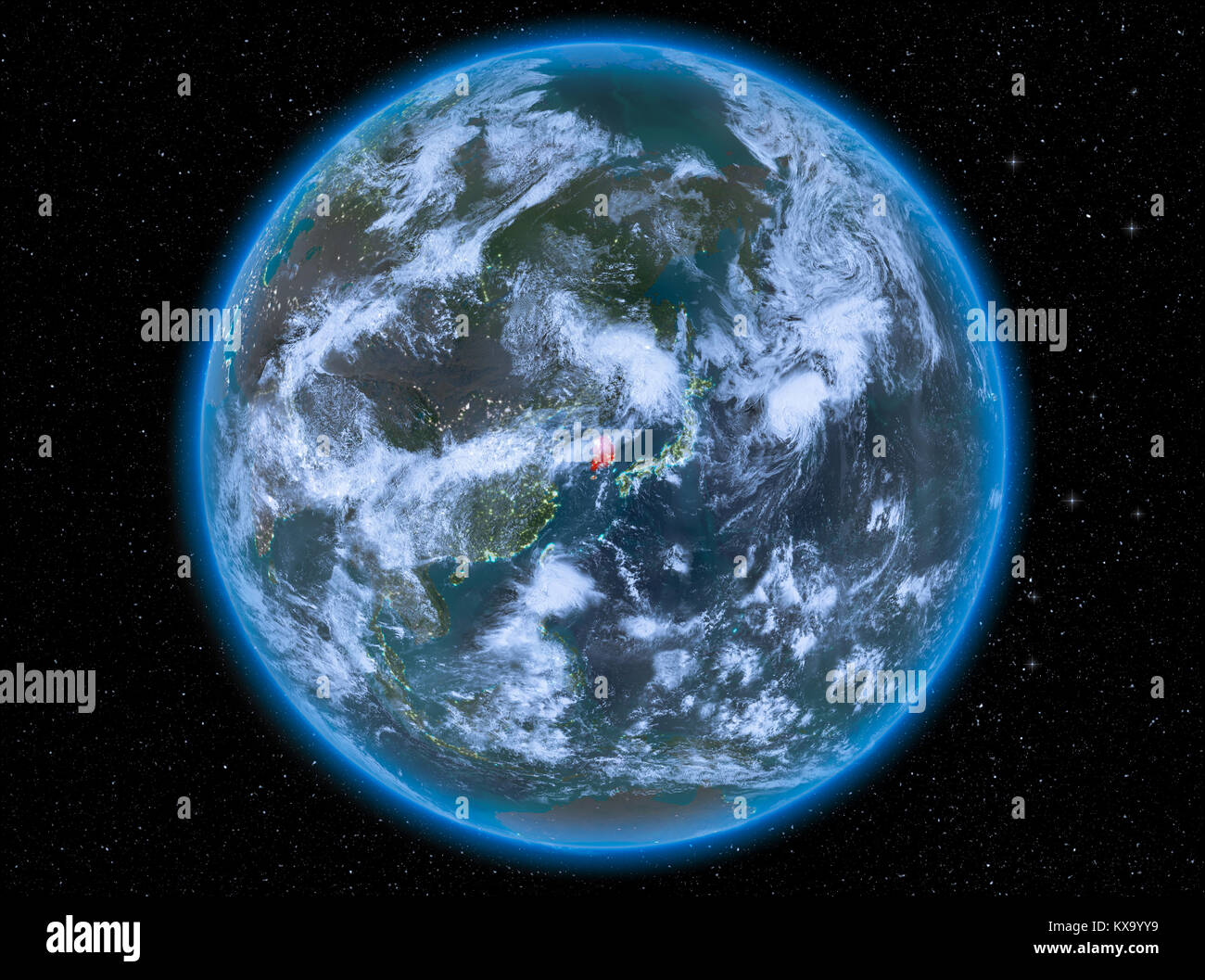 Night view of South Korea highlighted in red on planet Earth with ...