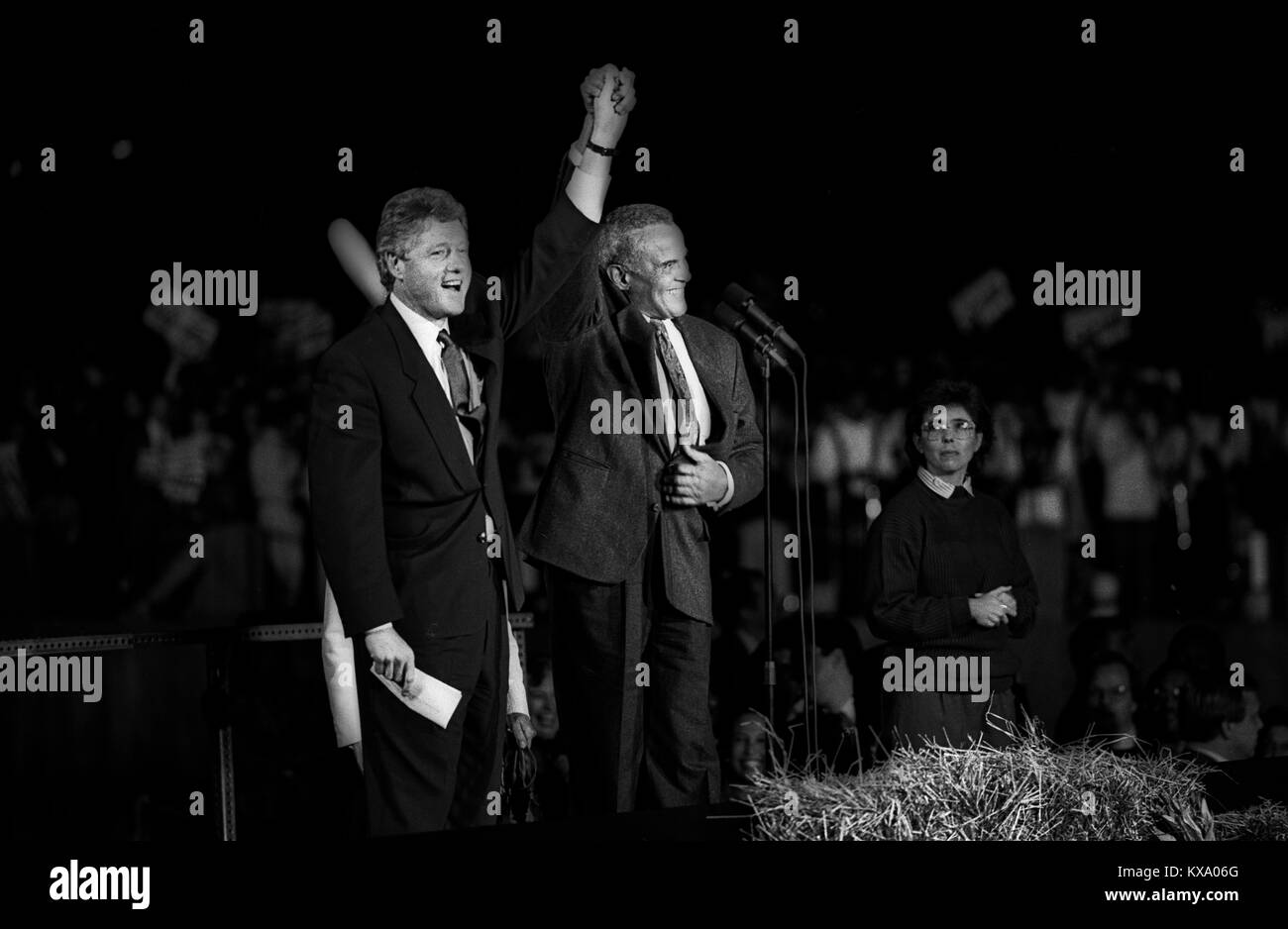 Bill Clinton as Governor of Arkansas and US Presidential Candidate during the Presidential Election Campaign October 1992. Scans made in 2017. Seen here: Clinton with Harry Belafonte at an evening rally in Wilmington, North Carolina. Photographs on the road on the 1992 Presidential Election campaign trail from Philadelphia and down the eastern states to Atlanta in Georgia. Clinton went on to become the 42nd President of the United States serving two terms from 1993 to 2001. Stock Photo