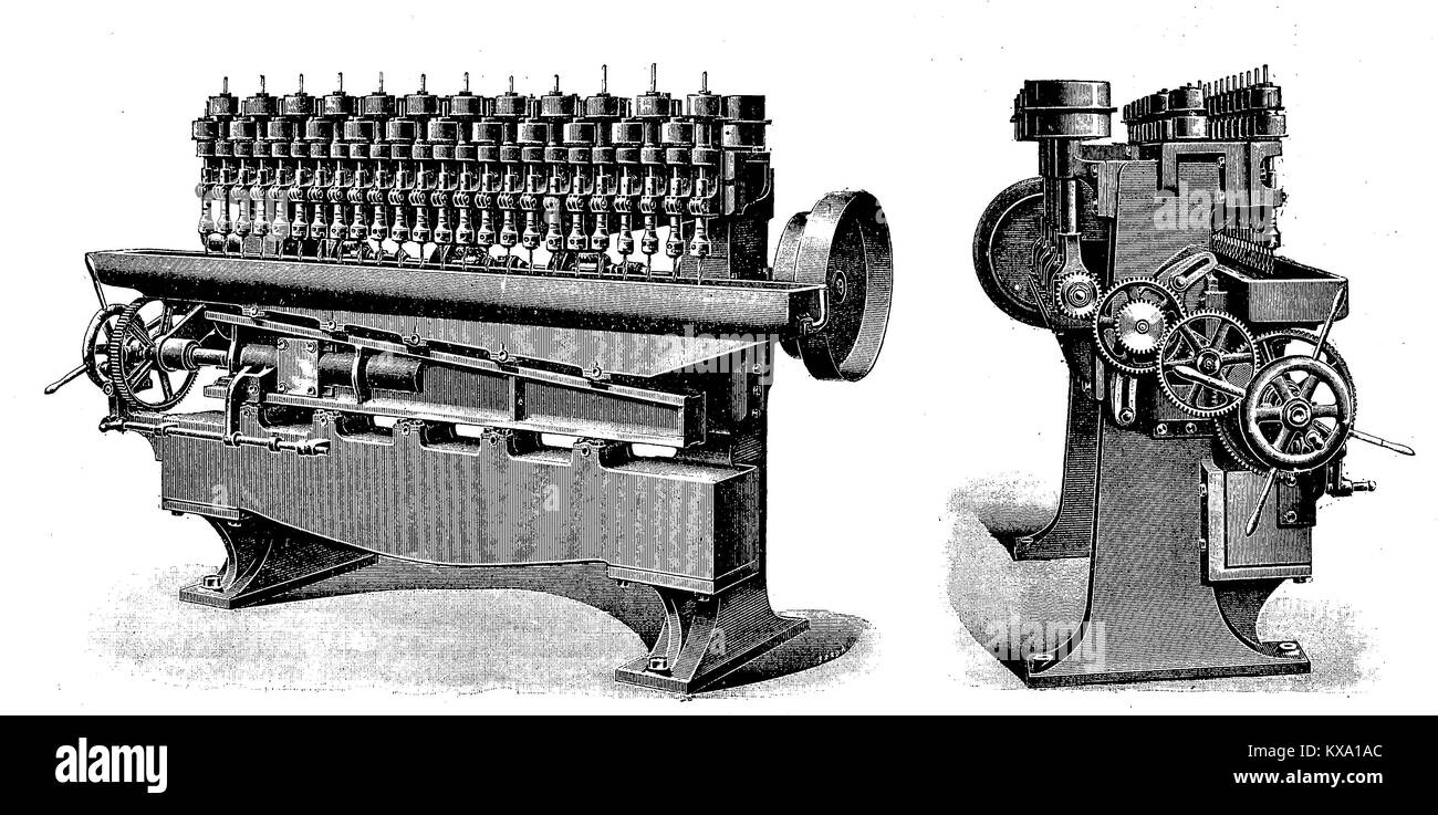 Illustration of a Twenty-Four-Pin Drill by Alfred Herbert, specially designed to drill holes in the gripper and cutterbars of mowers and harvesters, 1896, digital improved reproduction from an original woodcut or illustration from the year 1880 Stock Photo