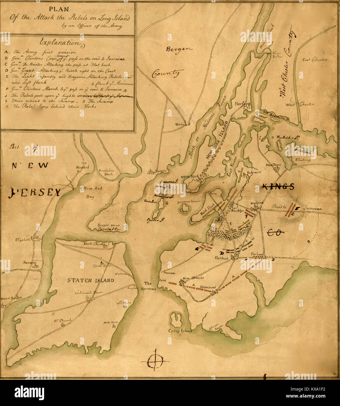 Plan of the attack the rebels on Long Island Stock Photo