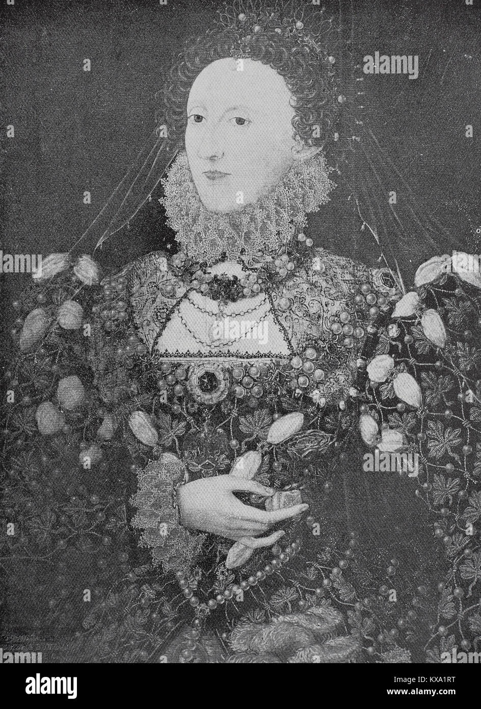Elizabeth I, 7 September 1533 - 24 March 1603, was Queen of England and Ireland from 17 November 1558 until her death on 24 March 1603. Sometimes called The Virgin Queen, Gloriana or Good Queen Bess, Painting after an original photograph by Walter & Boutall in London, England, digital improved reproduction from an original woodcut or illustration from the year 1880 Stock Photo