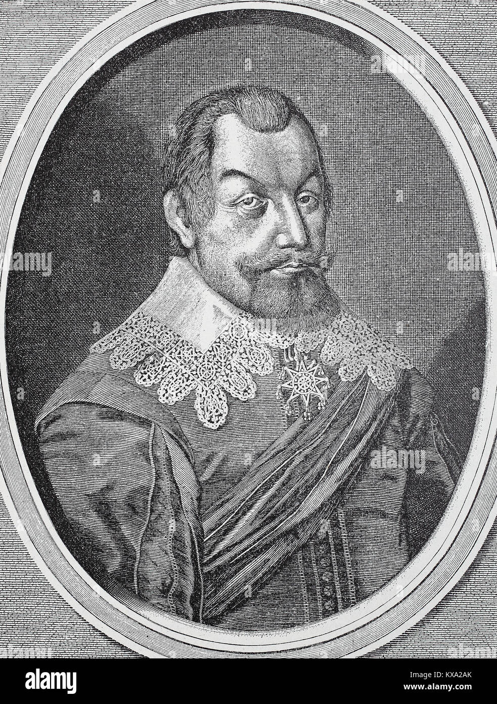 Axel Gustafsson Oxenstierna af Soedermoere, Count of Soedermoere, 16 June 1583 - 28 August 1654, was a Swedish statesman, he became a member of the Swedish Privy Council in 1609 and served as Lord High Chancellor of Sweden from 1612 until his death, digital improved reproduction from an original woodcut or illustration from the year 1880 Stock Photo