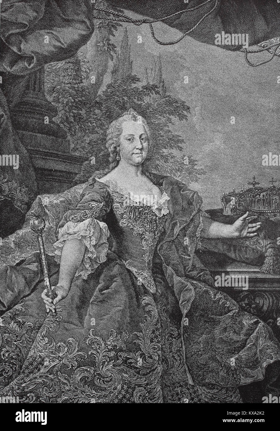 Maria Theresa Walburga Amalia Christina, 13 May 1717 - 29 November 1780, was the only female ruler of the Habsburg dominions and the last of the House of Habsburg. She was the sovereign of Austria, Hungary, Croatia, Bohemia, Transylvania, Mantua, Milan, Lodomeria and Galicia, the Austrian Netherlands and Parma. By marriage, she was Duchess of Lorraine, Grand Duchess of Tuscany and Holy Roman Empress, digital improved reproduction from an original woodcut or illustration from the year 1880 Stock Photo