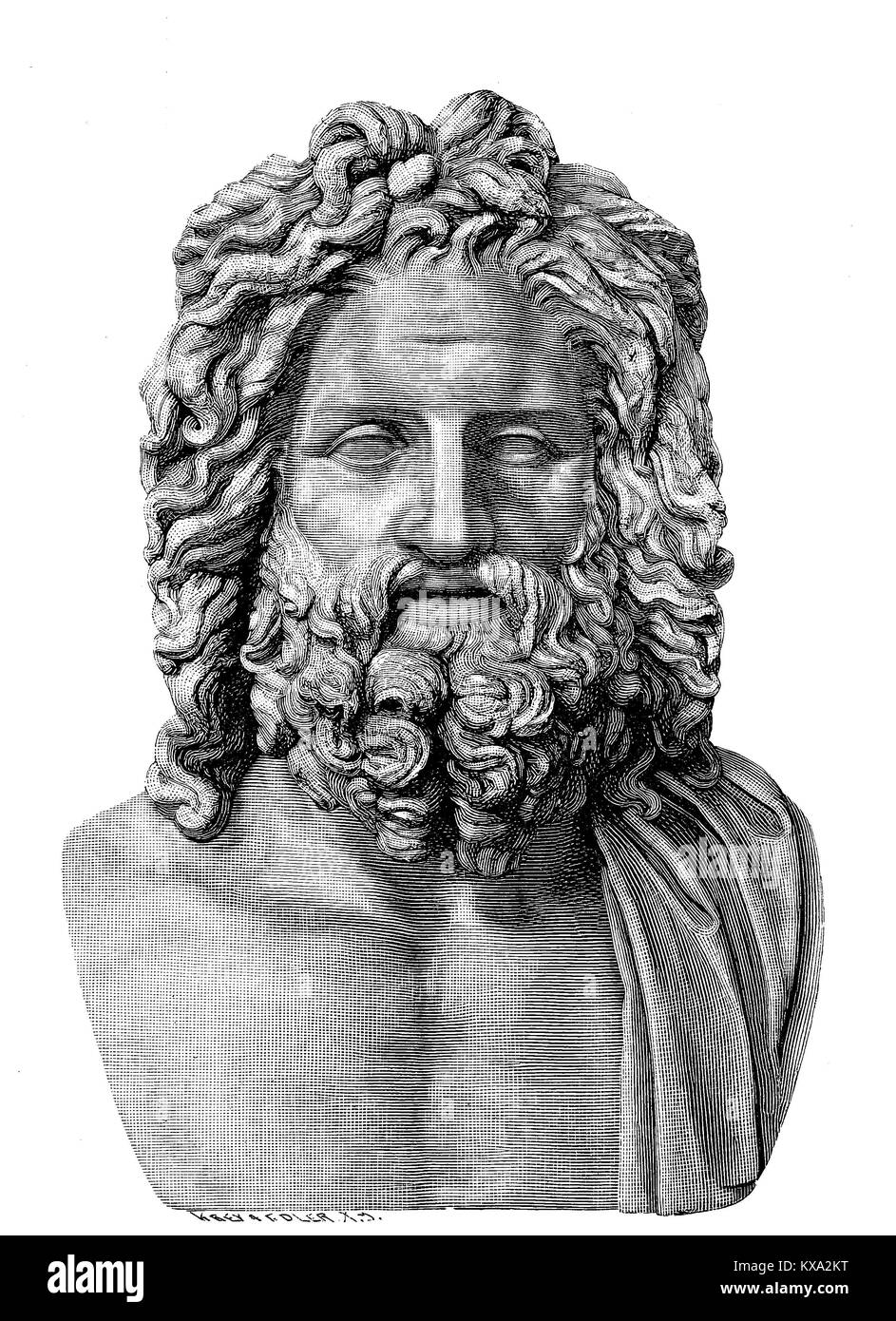 The antique marble bust of Zeus of Otricoli stands in the Vatican in Rome, Italy, digital improved reproduction from an original woodcut or illustration from the year 1880 Stock Photo