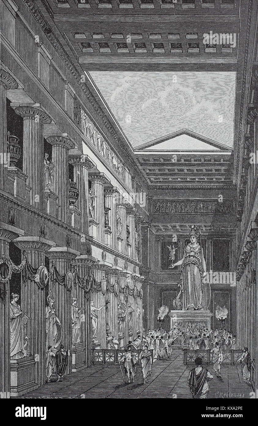 The statue of Athena Parthenos of Pheidias in the Cella of the Parthenon, Greece, reconstruction by G. Rehlender, digital improved reproduction from an original woodcut or illustration from the year 1880 Stock Photo